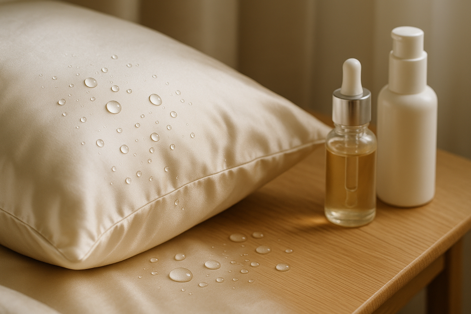 A realistic close-up of a luxurious silk pillowcase with subtle sheen, showing water droplets gently beading on the smooth surface without being absorbed. Skincare serum and lotion bottles placed naturally on a bedside table nearby. Soft, natural bedroom lighting creating an authentic, peaceful atmosphere. Focus on the silk's smooth texture and moisture-repelling properties in a real bedroom setting.